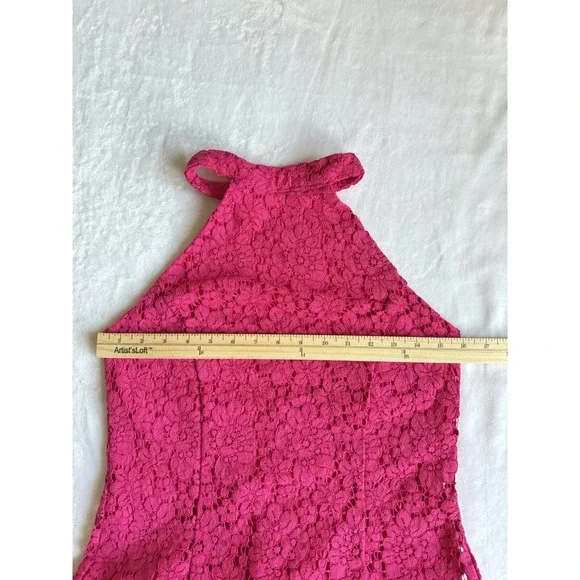 Zara Lace Halter Dress Womens Medium Pink Fuchsia Midi‎ Floral Open Back Pencil - Picture 8 of 16
